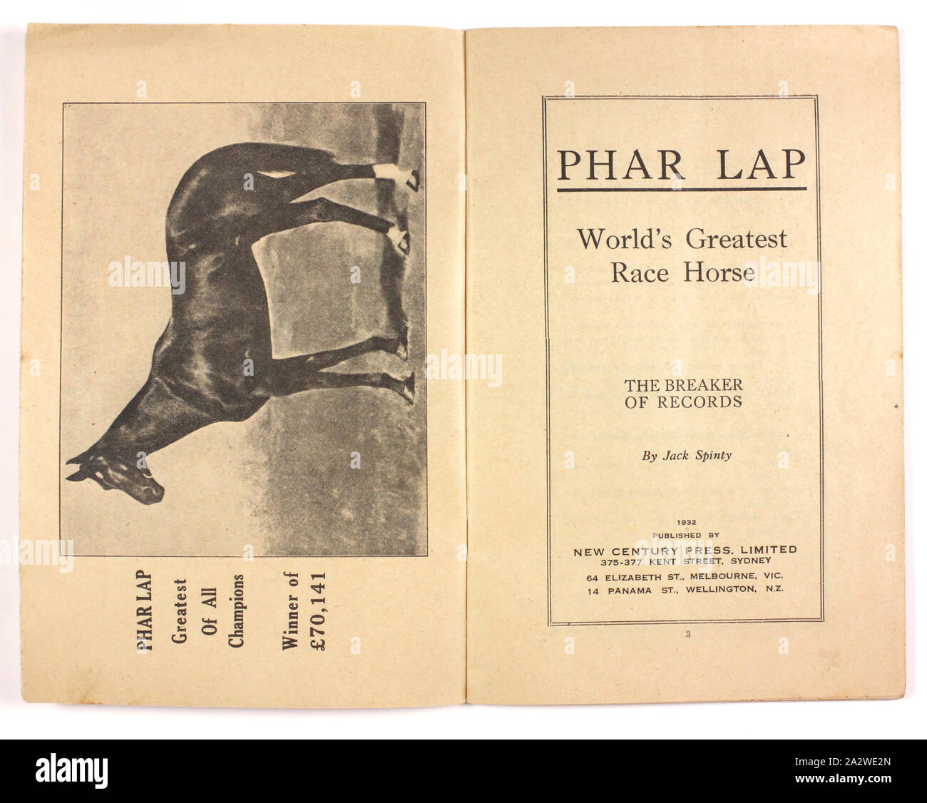 Booklet - `The Record Breaker, Phar Lap, Greatest of all Race Horses', New Century Press, 1932, Booklet published and placed on sale within a few days of Phar Lap's death on 5th April, 1932. It was written by Jack Spinty, a leading Sydney racing writer, and includes a foreword entitled `A Foreword Written in Sorrow Stock Photo